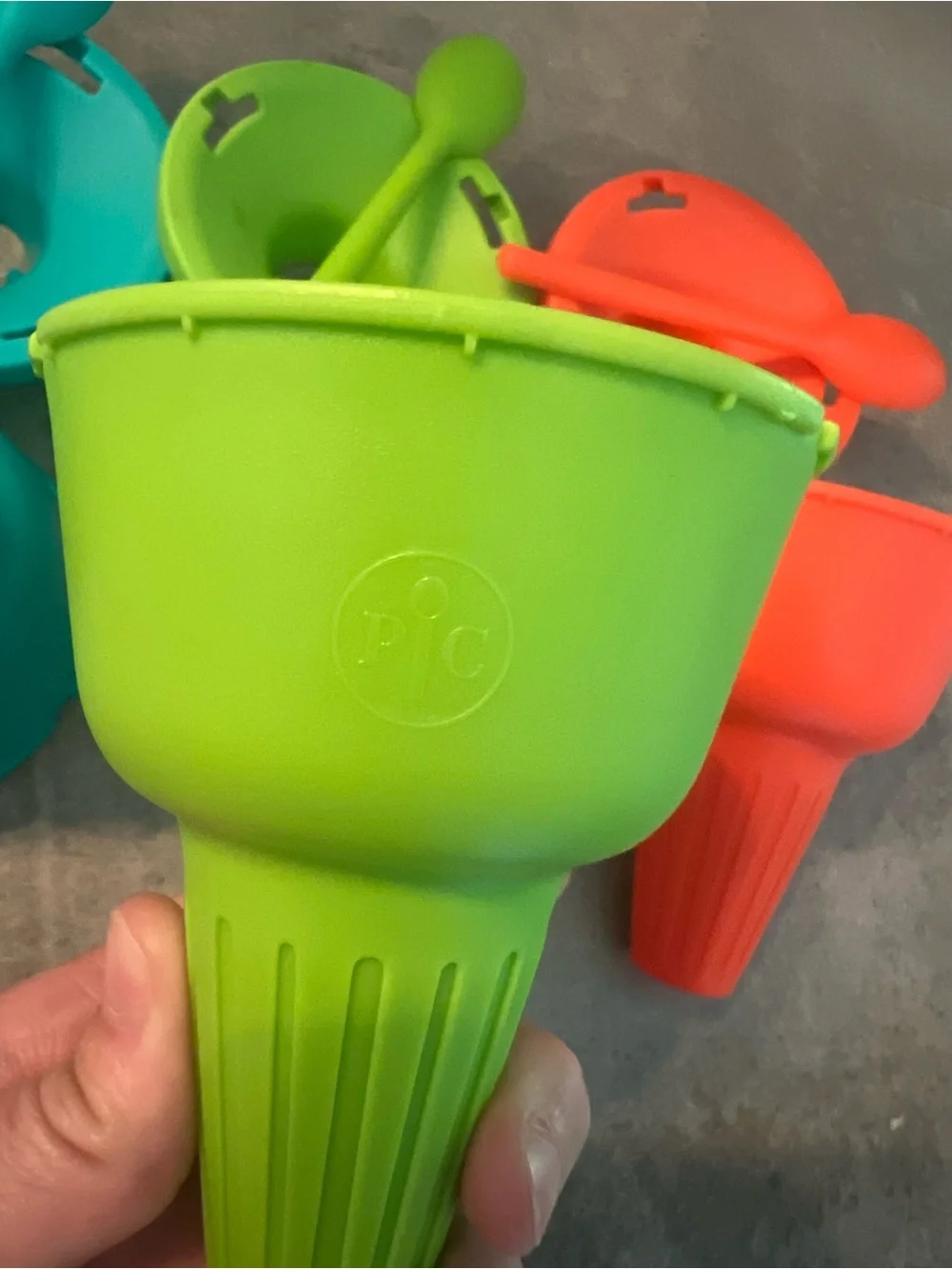 Pampered Chef Reusable Treat Cones & Spoons - Blue, Green, Orange